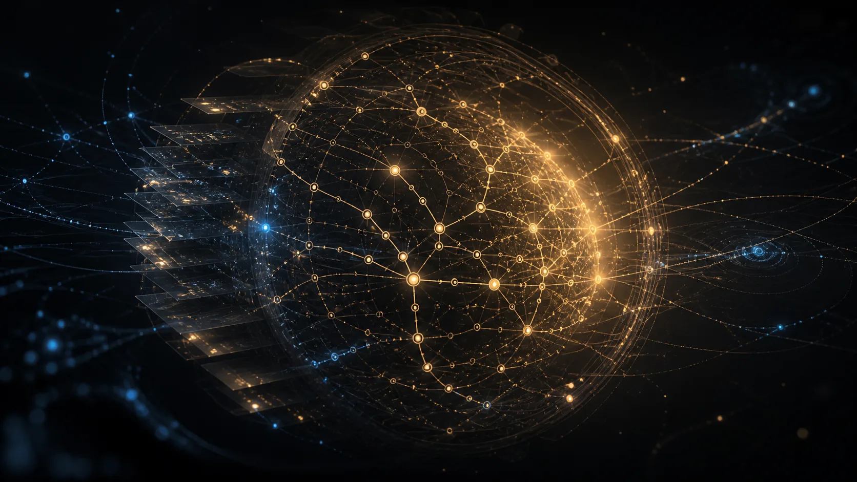 Abstract amber and blue globe of connected repository history and archive nodes